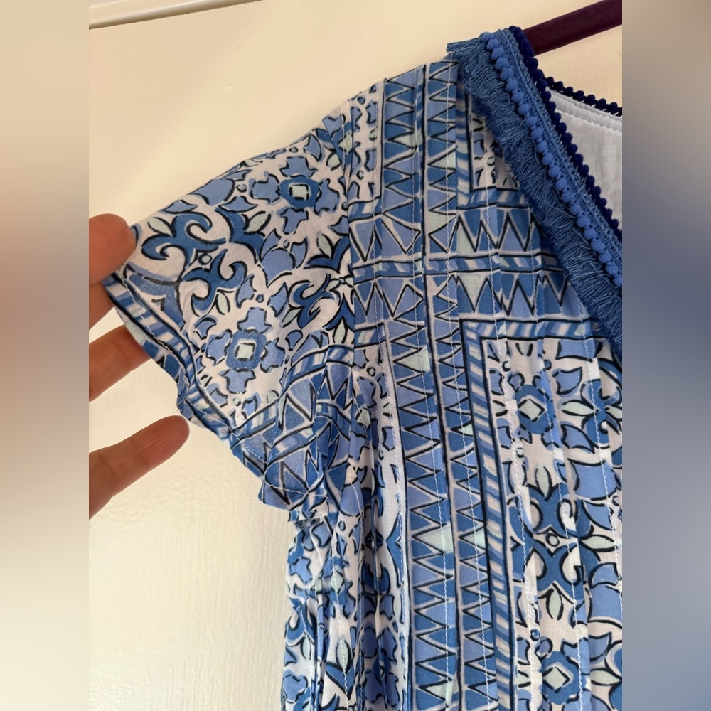 Vineyard Vines Cay Scarf Print Short Sleeve Fringe Dress Blue White Large - Picture 6 of 9